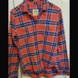 Hollister Pink and Blue plaid button down shirt